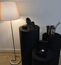 Load image into Gallery viewer, Set of 3 Black Cylinder Plinths – Grooms Preparation Room - HIRE ONLY
