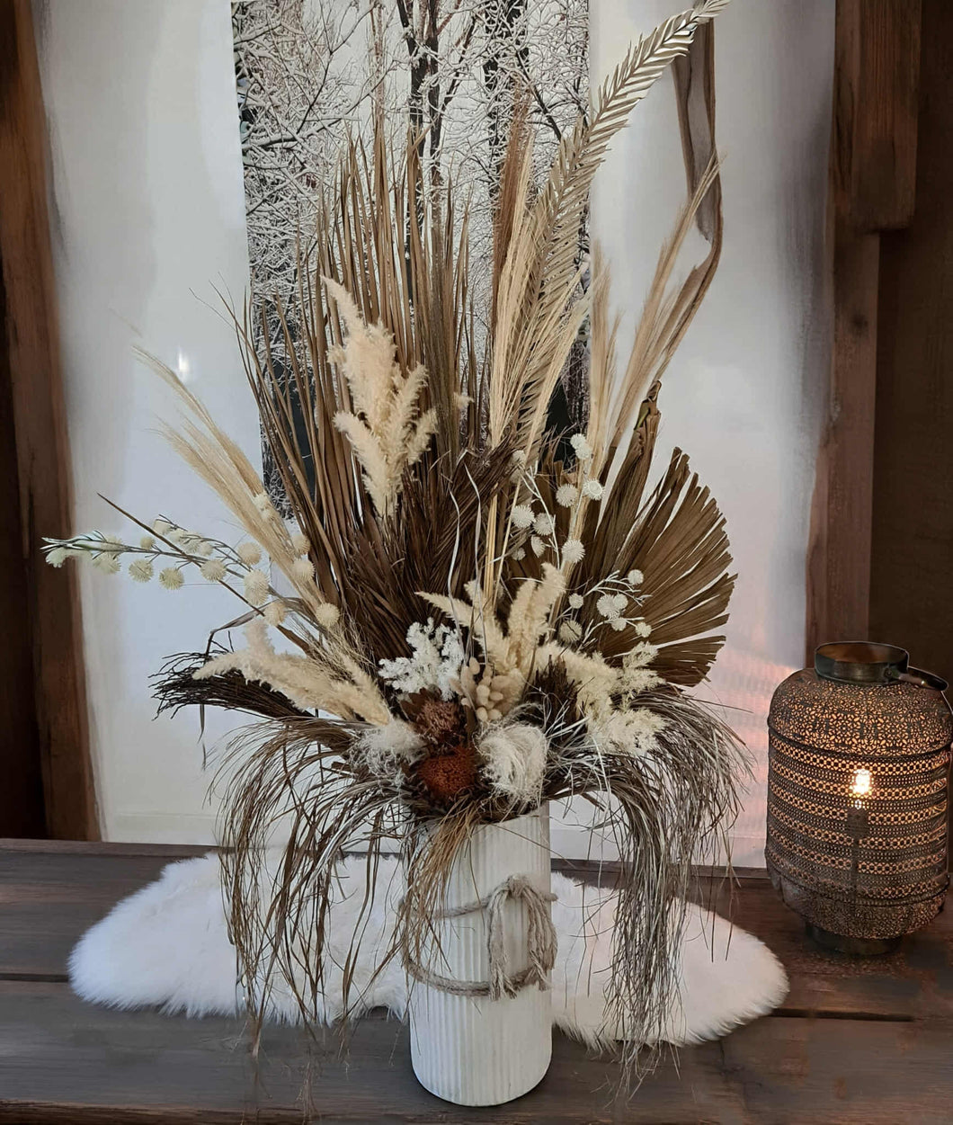 Large Boho Rustic flowers in Ribbed urn  - HIRE ONLY