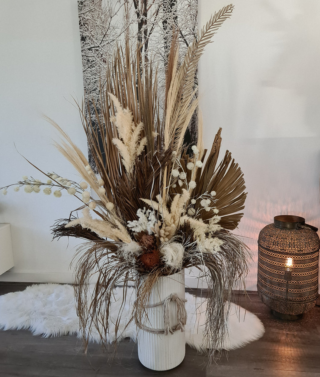 Large Boho Rustic flowers in Ribbed urn  - HIRE ONLY