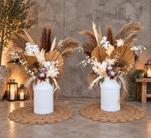 Load image into Gallery viewer, Large Boho rustic flowers in metal urns (milk cans) - HIRE ONLY
