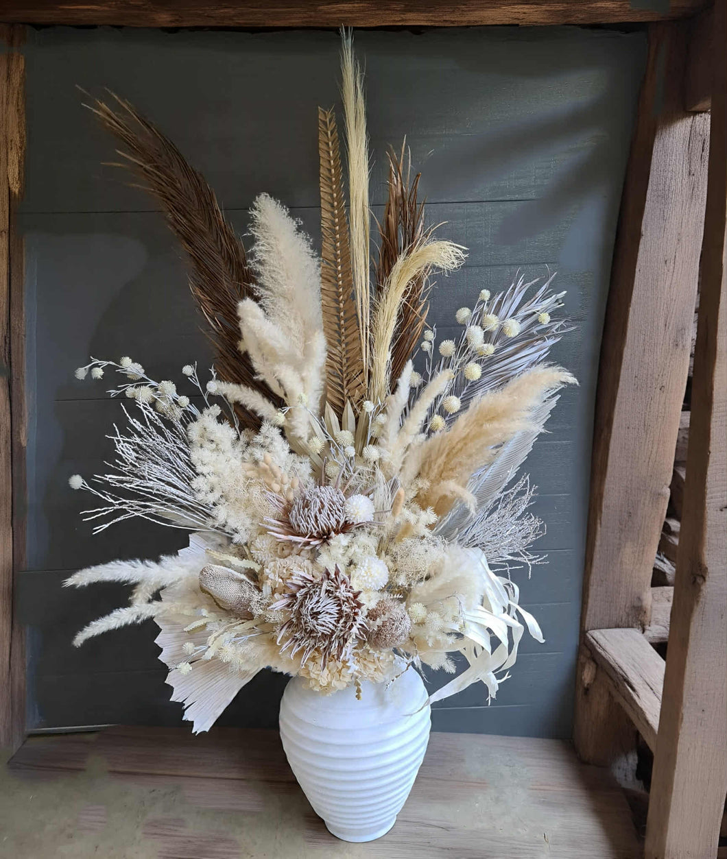 Boho King Protea Everlasting flowers in urn - HIRE ONLY