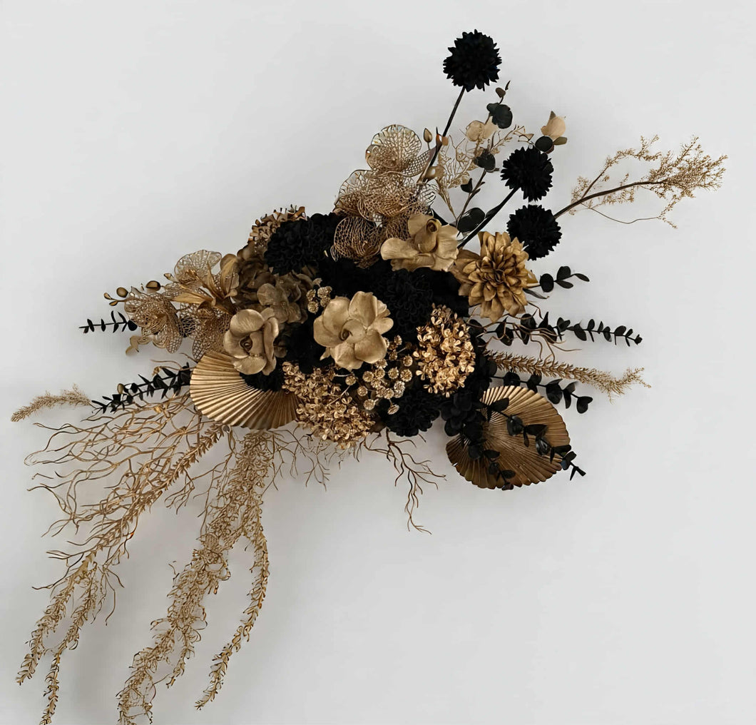 Black & Gold Backdrop Arbour Easel Welcome sign Hanging Flowers - HIRE ONLY