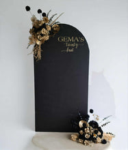 Load image into Gallery viewer, Black &amp; Gold Backdrop Arbour Easel Welcome sign Hanging Flowers - HIRE ONLY
