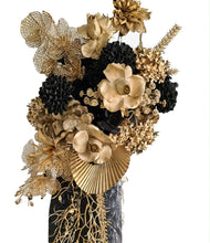 Load image into Gallery viewer, Black &amp; Gold Backdrop Arbour Easel Welcome sign Hanging Flowers - HIRE ONLY
