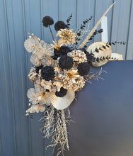 Load image into Gallery viewer, Black &amp; Gold Backdrop Arbour Easel Welcome sign Hanging Flowers - HIRE ONLY
