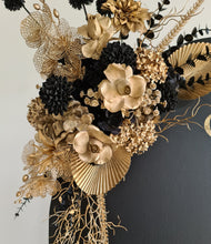 Load image into Gallery viewer, Black arch backdrop &amp; 2 x black &amp; gold flowers - HIRE ONLY

