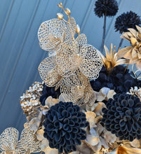 Load image into Gallery viewer, Black &amp; Gold Backdrop Arbour Easel Welcome sign Hanging Flowers - HIRE ONLY
