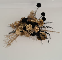 Load image into Gallery viewer, Black arch backdrop &amp; 2 x black &amp; gold flowers - HIRE ONLY
