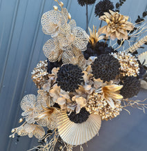 Load image into Gallery viewer, Black &amp; Gold Backdrop Arbour Easel Welcome sign Hanging Flowers - HIRE ONLY
