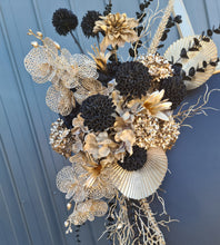 Load image into Gallery viewer, Black &amp; Gold Backdrop Arbour Easel Welcome sign Hanging Flowers - HIRE ONLY
