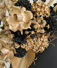 Load image into Gallery viewer, Black arch backdrop &amp; 2 x black &amp; gold flowers - HIRE ONLY
