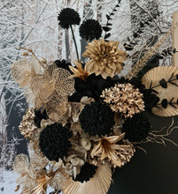 Load image into Gallery viewer, Black &amp; Gold Backdrop Arbour Easel Welcome sign Hanging Flowers - HIRE ONLY
