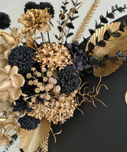 Load image into Gallery viewer, Black arch backdrop &amp; 2 x black &amp; gold flowers - HIRE ONLY
