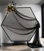 Load image into Gallery viewer, Black Hexagonal mesh backdrop and black &amp; gold flowers - HIRE ONLY
