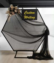 Load image into Gallery viewer, Black Hexagonal mesh backdrop and black &amp; gold flowers - HIRE ONLY
