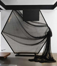 Load image into Gallery viewer, Black Hexagonal mesh backdrop and black &amp; gold flowers - HIRE ONLY
