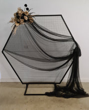 Load image into Gallery viewer, Black Hexagonal mesh backdrop and black &amp; gold flowers - HIRE ONLY
