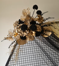Load image into Gallery viewer, Black Hexagonal mesh backdrop and black &amp; gold flowers - HIRE ONLY
