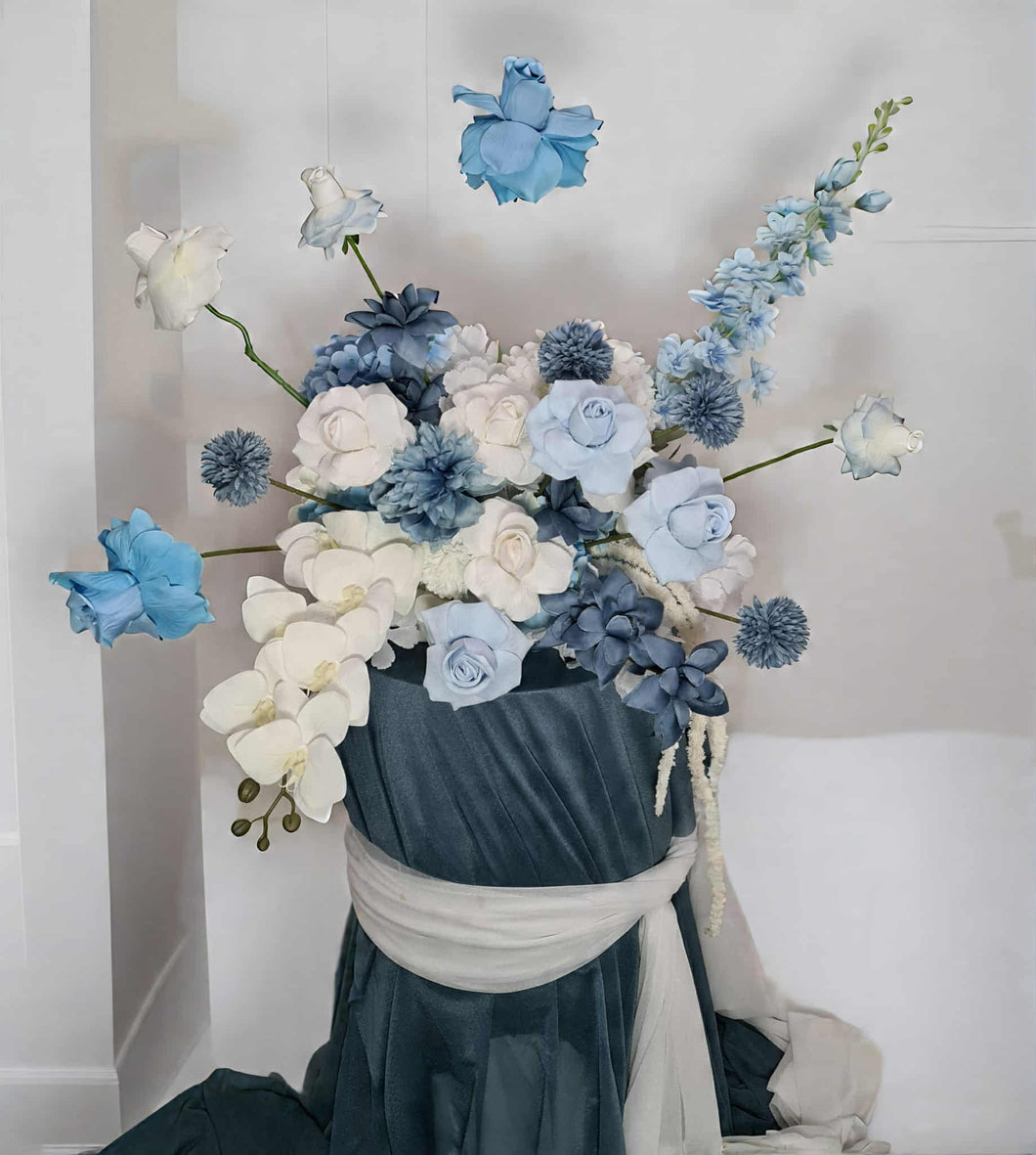 Blue & white floor / plinth / table flowers - HIRE ONLY