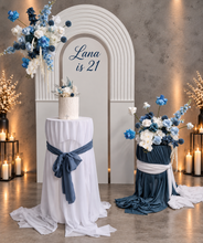 Load image into Gallery viewer, Double arch / backdrop 2 x white blue flowers &amp; plinths Package - HIRE ONLY
