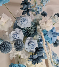 Load image into Gallery viewer, Double arch / backdrop 2 x white blue flowers &amp; plinths Package - HIRE ONLY
