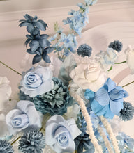 Load image into Gallery viewer, Double arch / backdrop 2 x white blue flowers &amp; plinths Package - HIRE ONLY
