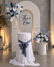 Load image into Gallery viewer, Double arch / backdrop 2 x white blue flowers &amp; plinths Package - HIRE ONLY
