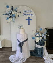 Load image into Gallery viewer, Plain arch / backdrop 2 x white blue flowers &amp; plinths Package - HIRE ONLY
