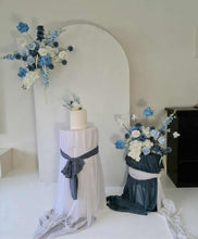 Load image into Gallery viewer, Plain arch / backdrop 2 x white blue flowers &amp; plinths Package - HIRE ONLY
