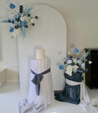 Load image into Gallery viewer, Plain arch / backdrop 2 x white blue flowers &amp; plinths Package - HIRE ONLY
