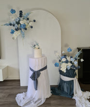Load image into Gallery viewer, Plain arch / backdrop 2 x white blue flowers &amp; plinths Package - HIRE ONLY
