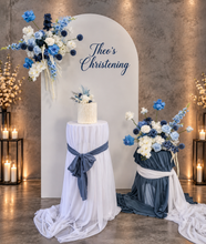 Load image into Gallery viewer, Plain arch / backdrop 2 x white blue flowers &amp; plinths Package - HIRE ONLY
