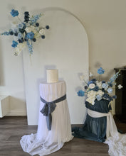 Load image into Gallery viewer, Plain arch / backdrop 2 x white blue flowers &amp; plinths Package - HIRE ONLY
