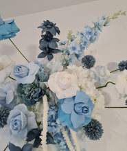Load image into Gallery viewer, Plain arch / backdrop 2 x white blue flowers &amp; plinths Package - HIRE ONLY
