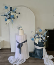 Load image into Gallery viewer, Plain arch / backdrop 2 x white blue flowers &amp; plinths Package - HIRE ONLY
