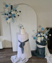 Load image into Gallery viewer, Plain arch / backdrop 2 x white blue flowers &amp; plinths Package - HIRE ONLY
