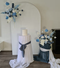 Load image into Gallery viewer, Plain arch / backdrop 2 x white blue flowers &amp; plinths Package - HIRE ONLY
