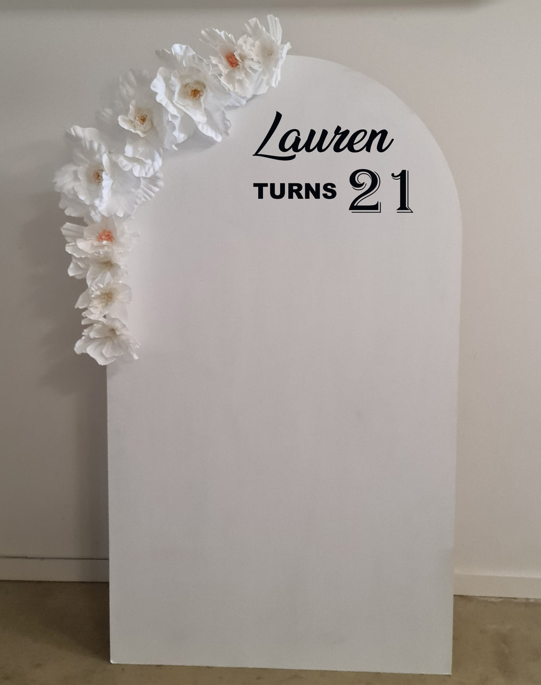 Plain arch / backdrop & white flowers - HIRE ONLY