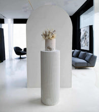 Load image into Gallery viewer, White cement look round ripple plinth - 90cm - HIRE ONLY
