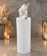 Load image into Gallery viewer, White cement look round ripple plinth - 90cm - HIRE ONLY
