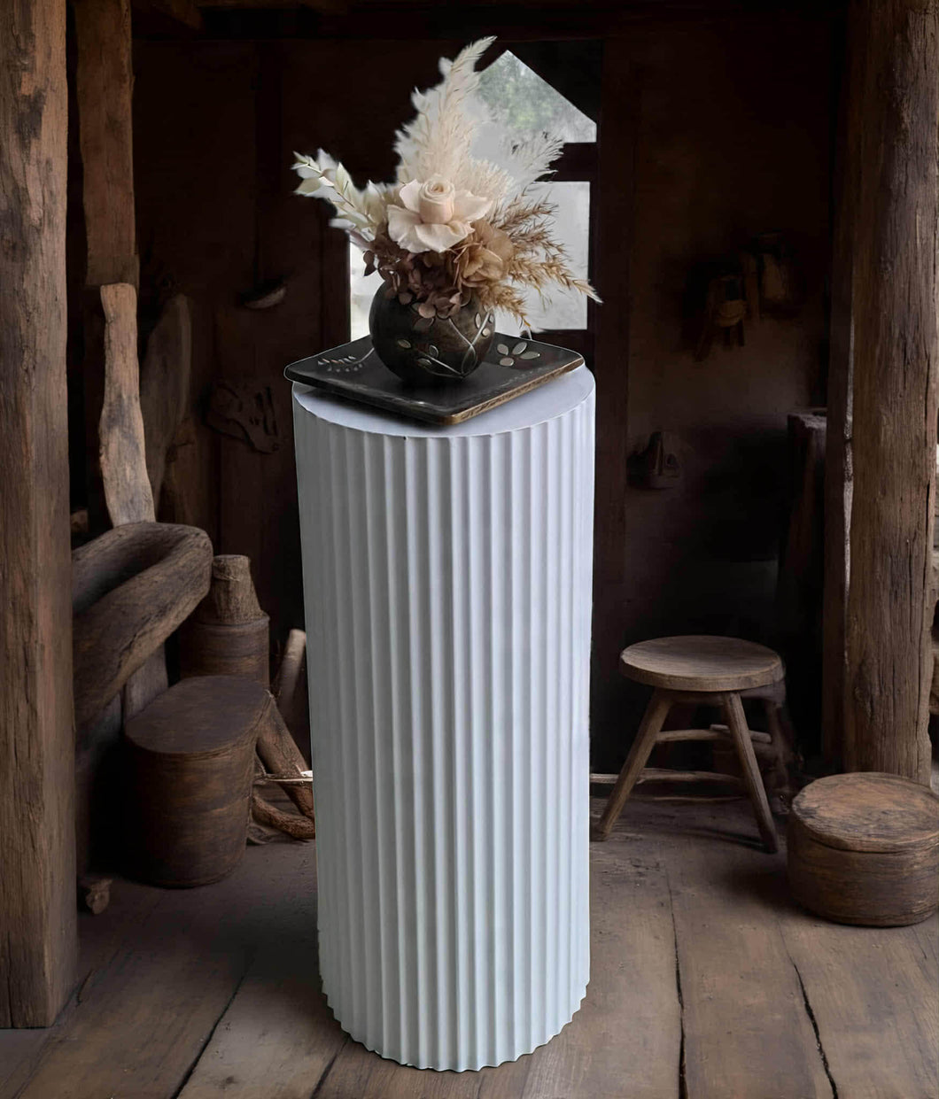 White cylinder ripple plinth cake or flower stand - 50cm - HIRE ONLY