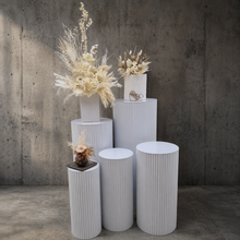 Load image into Gallery viewer, White cylinder ripple plinth cake or flower stand - 50cm - HIRE ONLY

