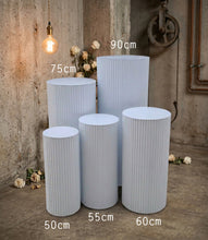Load image into Gallery viewer, White cylinder ripple plinth cake or flower stand - 50cm - HIRE ONLY
