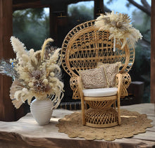 Load image into Gallery viewer, Boho set up Peacock Queen Chair, Chair Flowers &amp; Flowers in urn - HIRE ONLY
