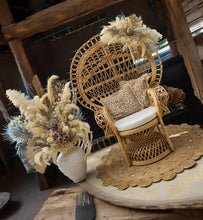 Load image into Gallery viewer, Boho set up Peacock Queen Chair, Chair Flowers &amp; Flowers in urn - HIRE ONLY
