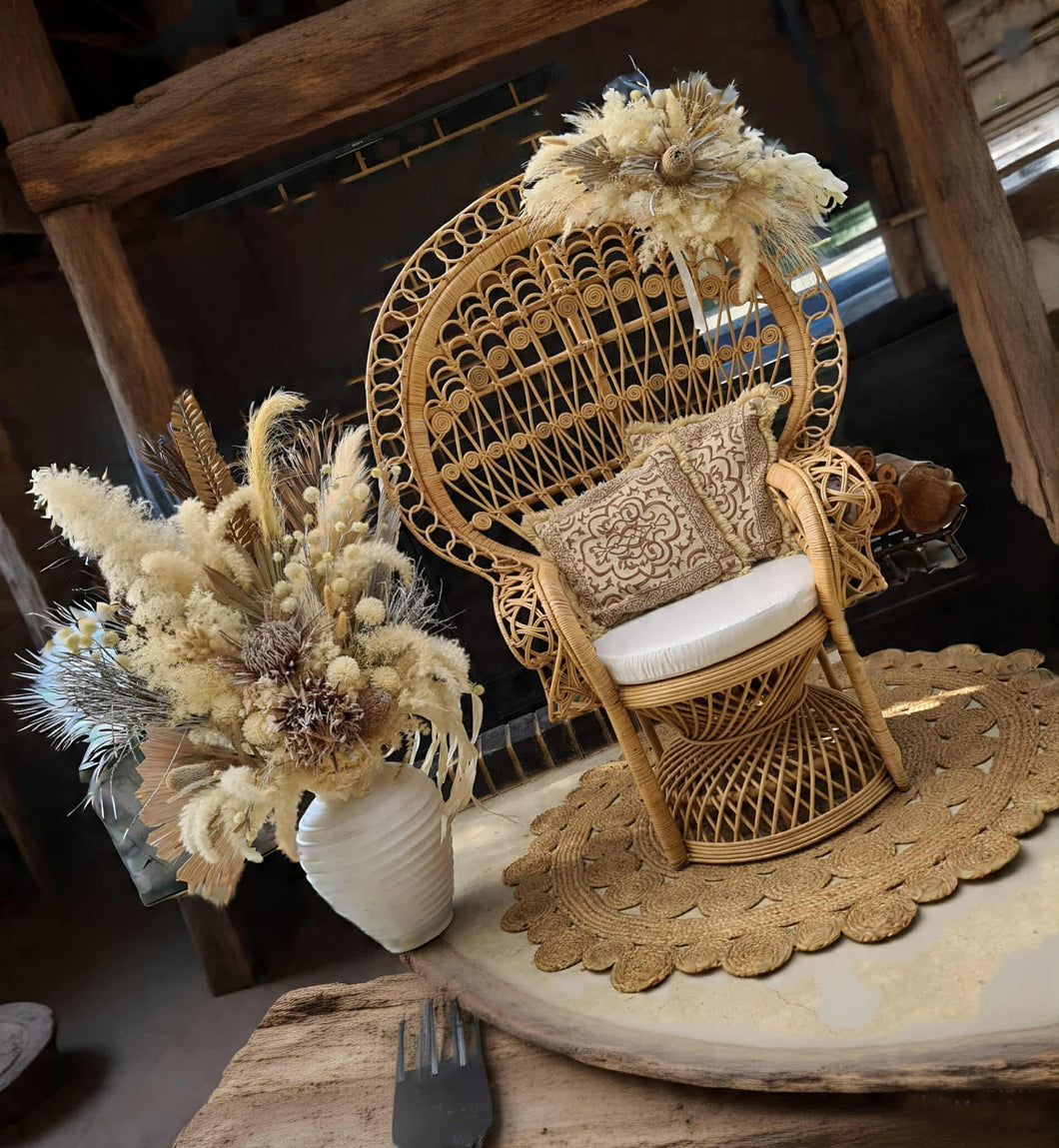 Boho set up Peacock Queen Chair, Chair Flowers & Flowers in urn - HIRE ONLY
