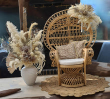 Load image into Gallery viewer, Boho set up Peacock Queen Chair, Chair Flowers &amp; Flowers in urn - HIRE ONLY
