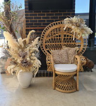 Load image into Gallery viewer, Boho set up Peacock Queen Chair, Chair Flowers &amp; Flowers in urn - HIRE ONLY
