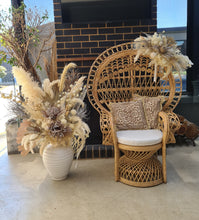 Load image into Gallery viewer, Boho set up Peacock Queen Chair, Chair Flowers &amp; Flowers in urn - HIRE ONLY
