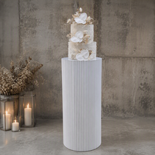 Load image into Gallery viewer, White cylinder ripple plinth cake or flower stand - 75cm - HIRE ONLY
